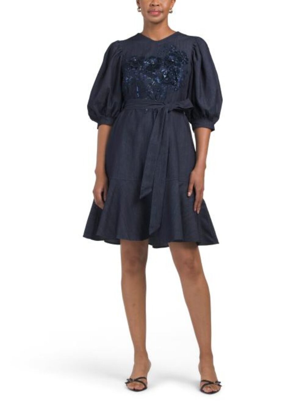 NANCY YANG Long Sleeve Embellished Midi Dress